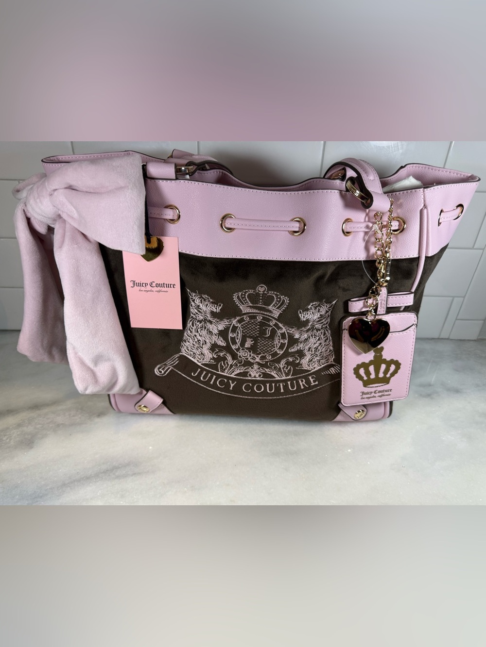 Juicy Couture Classic Scottie Dogs Daydreamer Tote Chocolate Brown Pink Chiffon
